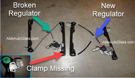 The photo is of a window regulator which carries the door glass inside the door panel.  
The regulator broke as the retainer clamp has broken off the carriage.